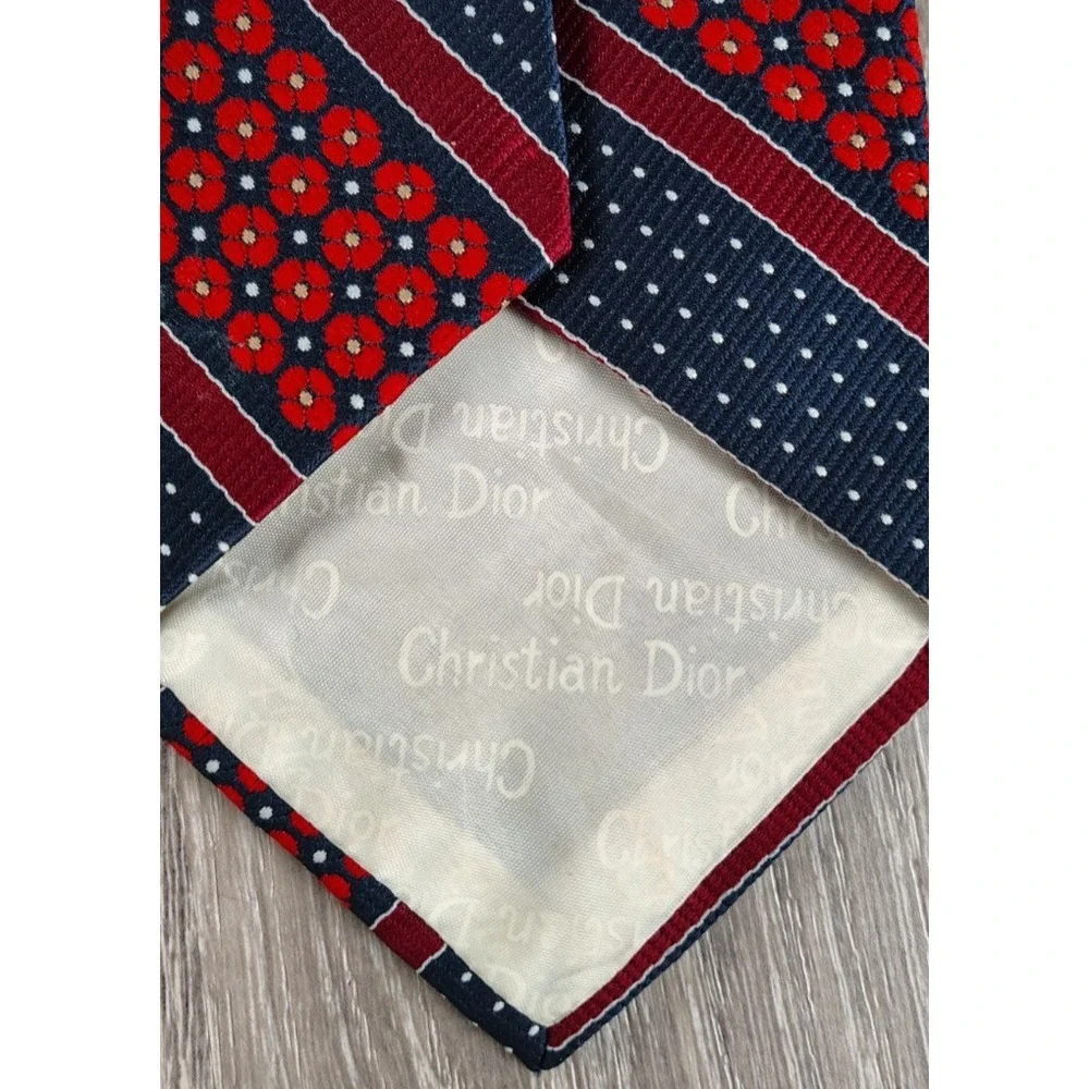 Christian Dior Tie Macys May Co Mens Store Floral Polka Dot Blue Red‎ Stripe VTG
